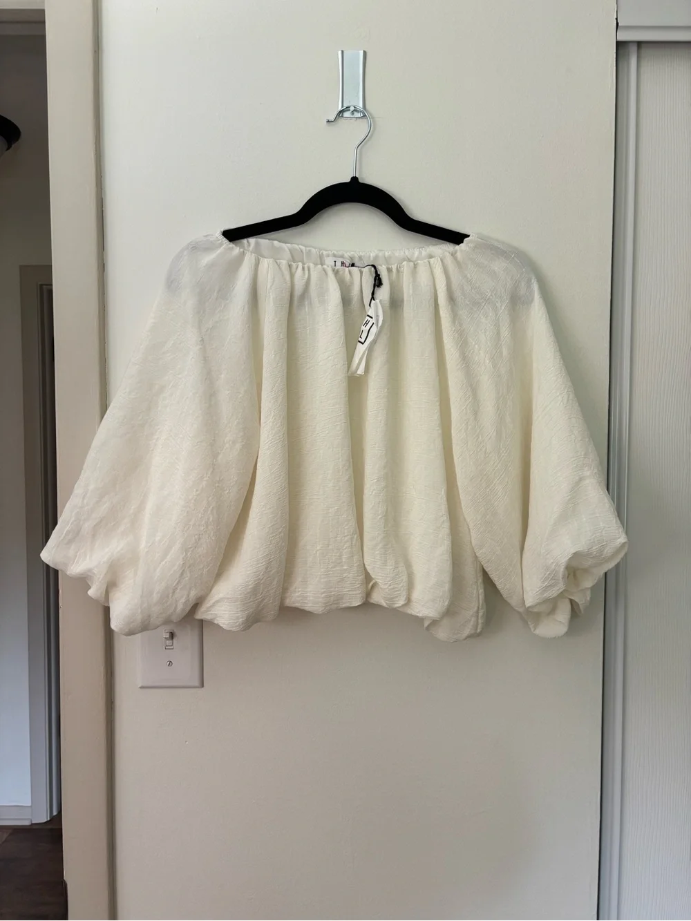 White Peasant Blouse - Casual Gathered Neck Top - Picture 3 of 3